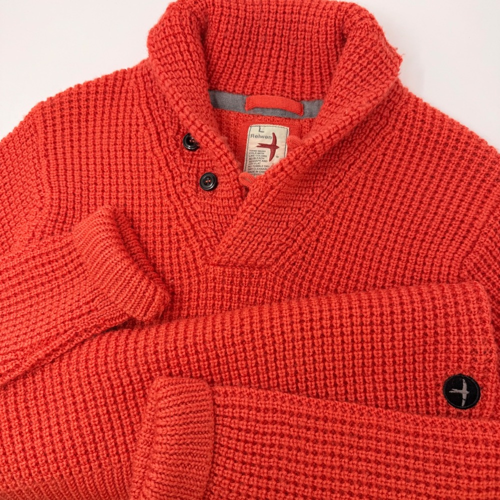 Relwen Mens Orange Mercerized Wool Shawl Collar Waffle Knit Sweater Large FLAW